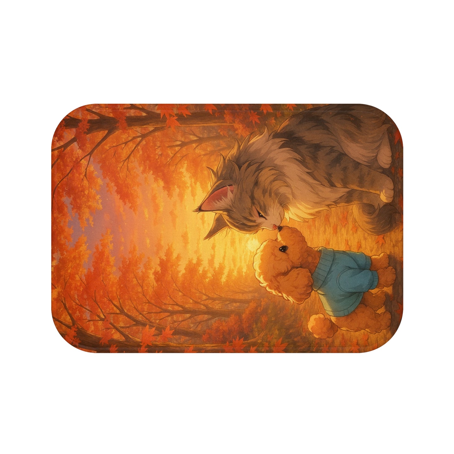 Fall Forest Friends Bath Mat, Cute Cat and Bear Design, Autumn Decor, Pet Lover Gift, Cozy Home Accessory