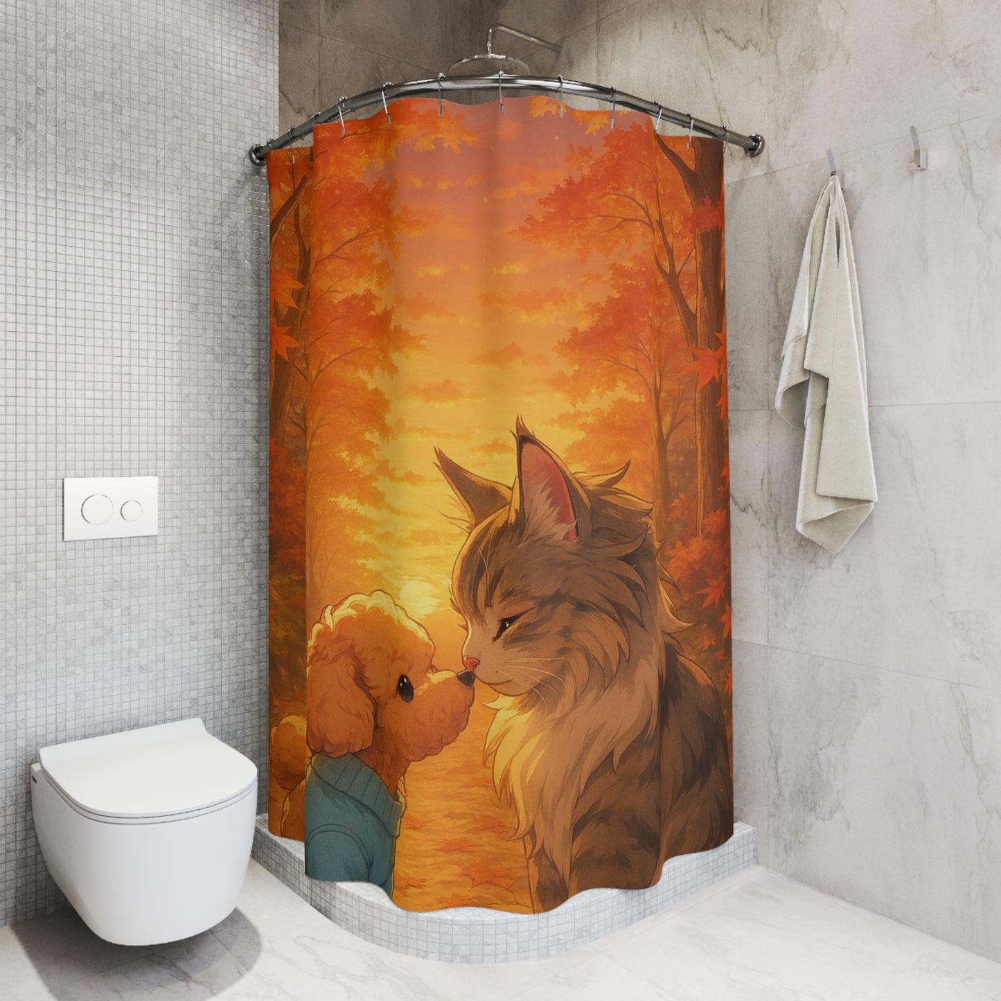 Autumn Pet Love Shower Curtain, Cozy Bathroom Decor, Cute Cat and Dog Design, Fall Theme, Pet Lovers Gift, Home Accessories