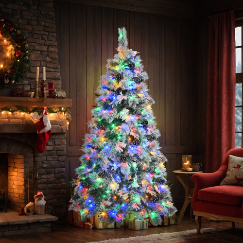 6FT Pre-Lit Spruce Snow Flocked Christmas Tree With Pine Cones, Artificial Xmas Tree With 403 Branch Tips,Mixed PE PVC Branches, 250 Multi-Color LED Lights, 11 Flashing Modes, Holiday Decor