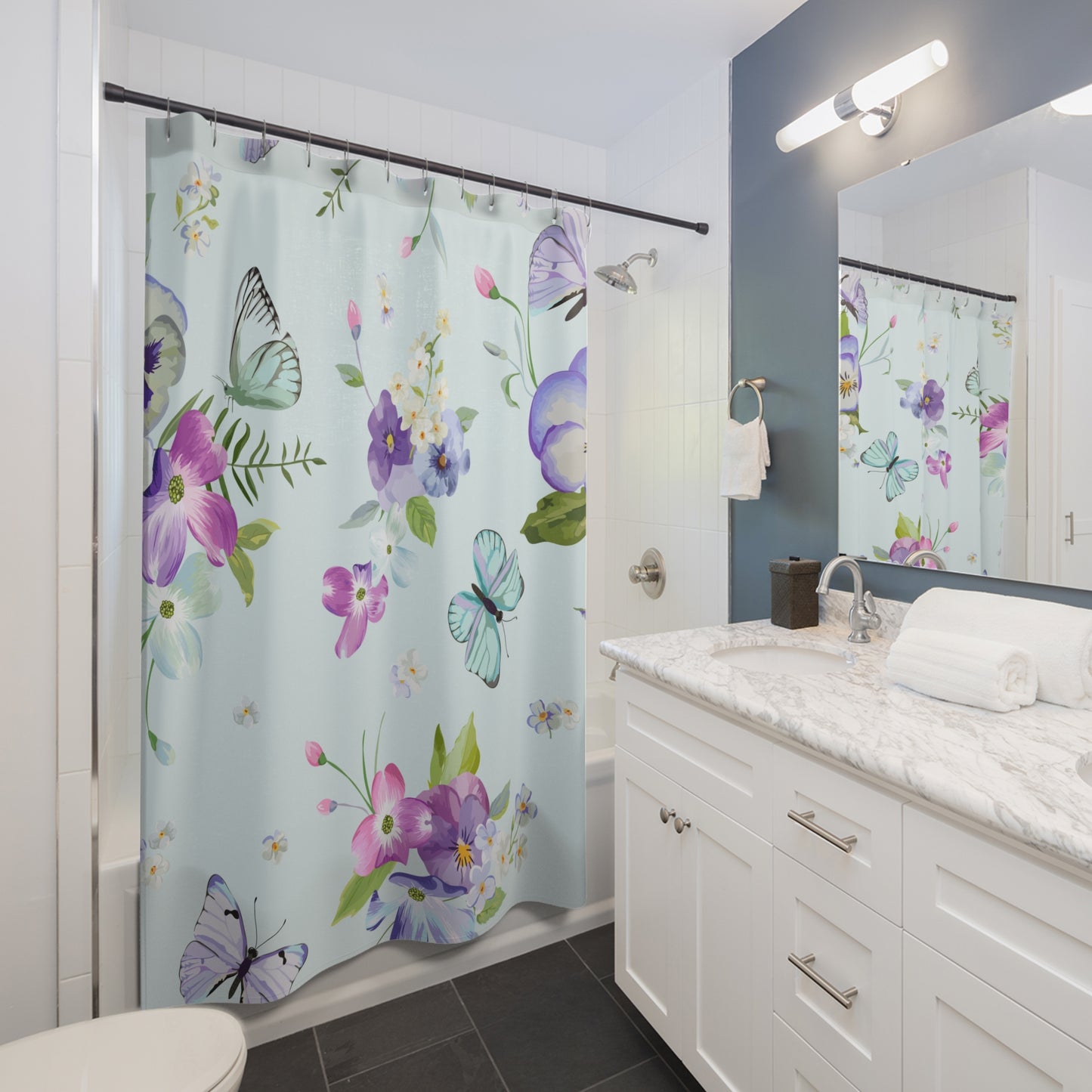 Floral Shower Curtain, Vibrant Bathroom Decor, Butterfly Design, Boho Bathroom, Nature-Inspired Home Accessories, Gift for Nature Lovers