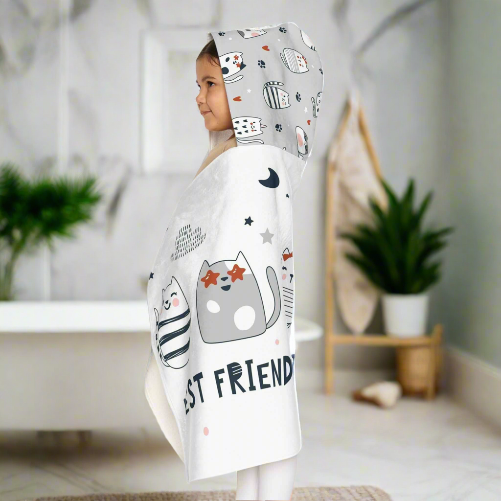 Cozy Cat-Themed Youth Hooded Towel | Best Friends Gift for Kids, Fun Bath Time Accessory, Pool Day, Beach Towel