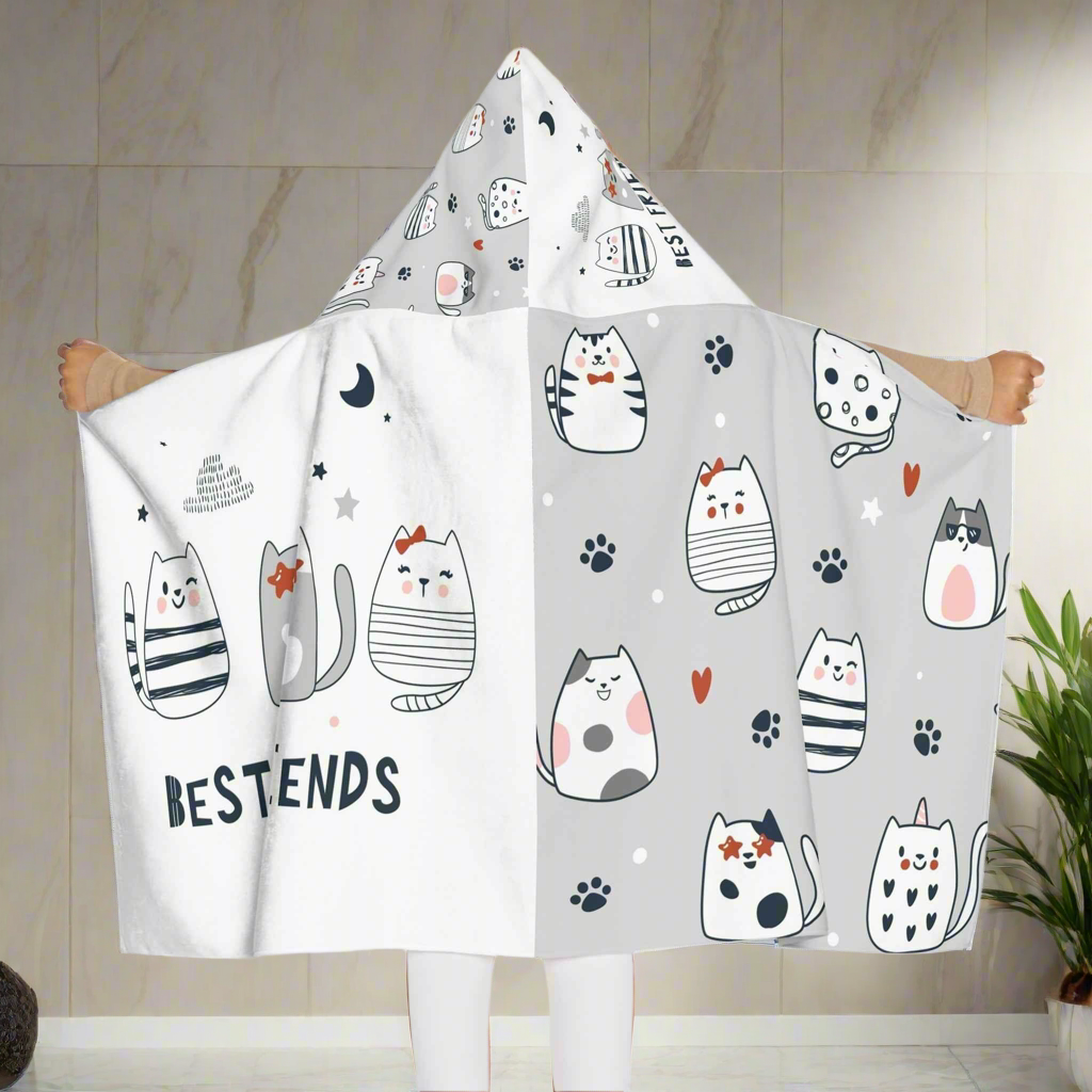 Cozy Cat-Themed Youth Hooded Towel | Best Friends Gift for Kids, Fun Bath Time Accessory, Pool Day, Beach Towel