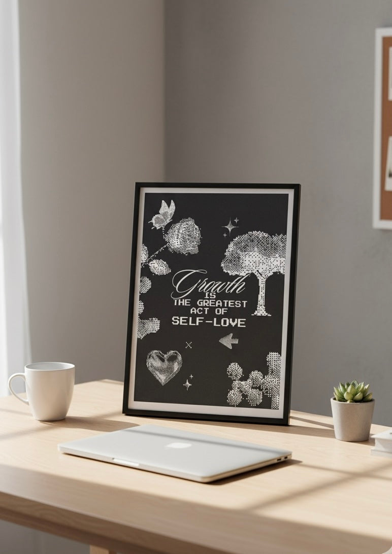 Pixel Art Self-Love Growth Quote Digital Download | Retro 'Growth is the Greatest Act of Self-Love' Wallpaper & Printable Wall Art