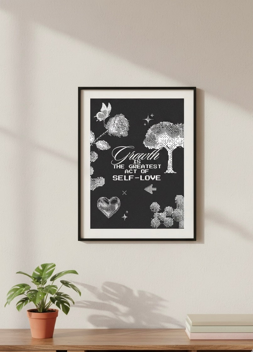 Pixel Art Self-Love Growth Quote Digital Download | Retro 'Growth is the Greatest Act of Self-Love' Wallpaper & Printable Wall Art