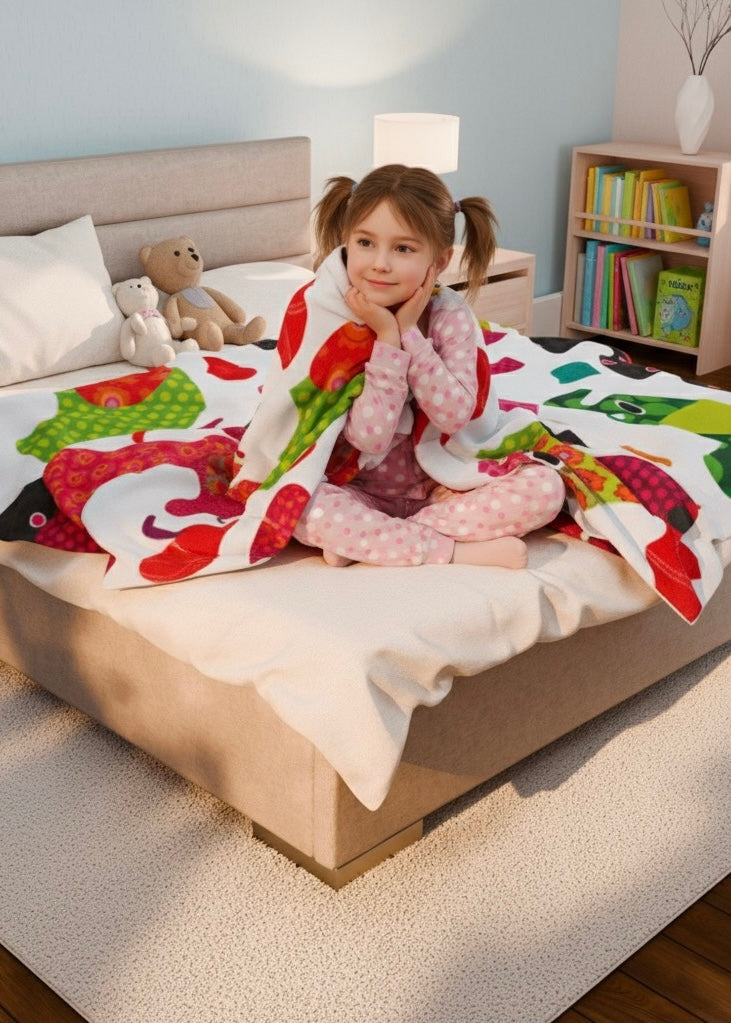 Vibrant Patchwork Elephant Print Fleece Blanket | Fun, Colorful Throw for Kids' Room & Nursery