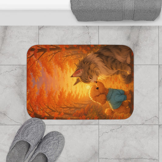 Fall Forest Friends Bath Mat, Cute Cat and Bear Design, Autumn Decor, Pet Lover Gift, Cozy Home Accessory