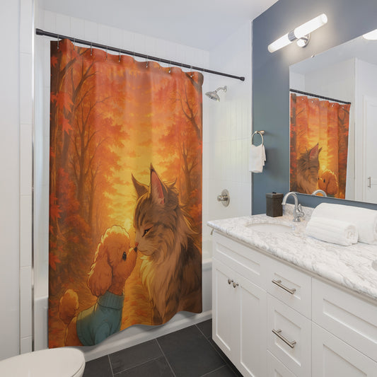 Autumn Pet Love Shower Curtain, Cozy Bathroom Decor, Cute Cat and Dog Design, Fall Theme, Pet Lovers Gift, Home Accessories
