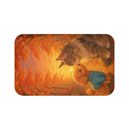 Fall Forest Friends Bath Mat, Cute Cat and Bear Design, Autumn Decor, Pet Lover Gift, Cozy Home Accessory