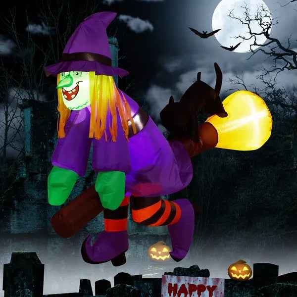 3.9 FT Halloween Inflatable Witch Riding Broom Broke Out From Window Outdoor Decorations, Scary Blow Up Decor With Built-in LED Lights For Holiday Party Yard Lawn Garden Decor Indoor Outdoor