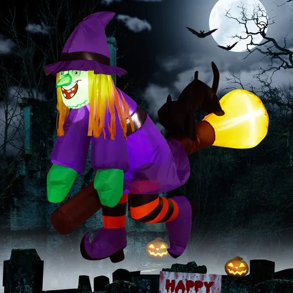 3.9 FT Halloween Inflatable Witch Riding Broom Broke Out From Window Outdoor Decorations, Scary Blow Up Decor With Built-in LED Lights For Holiday Party Yard Lawn Garden Decor Indoor Outdoor