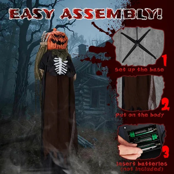 5.6ft Halloween Decorations Outdoor Life Size Animatronics Ghost With Pumpkin Head, Sound-Actived Party Decor With Creepy Sound , Scary Haunted House Props For Garden Yard Lawn