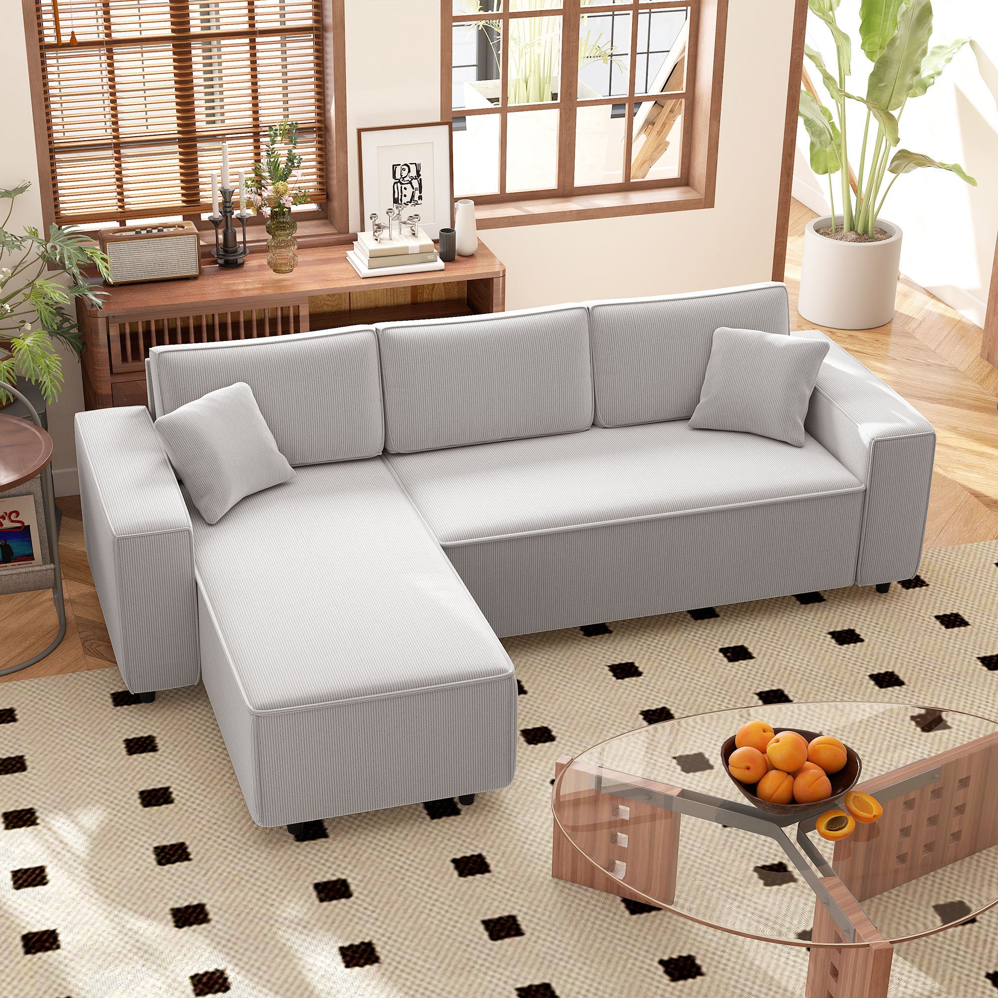 Corner Sofa With Reversible Chaise Lounge, Corduroy L-Shaped Sectional Sofa With Pocket Spring, Light Gray