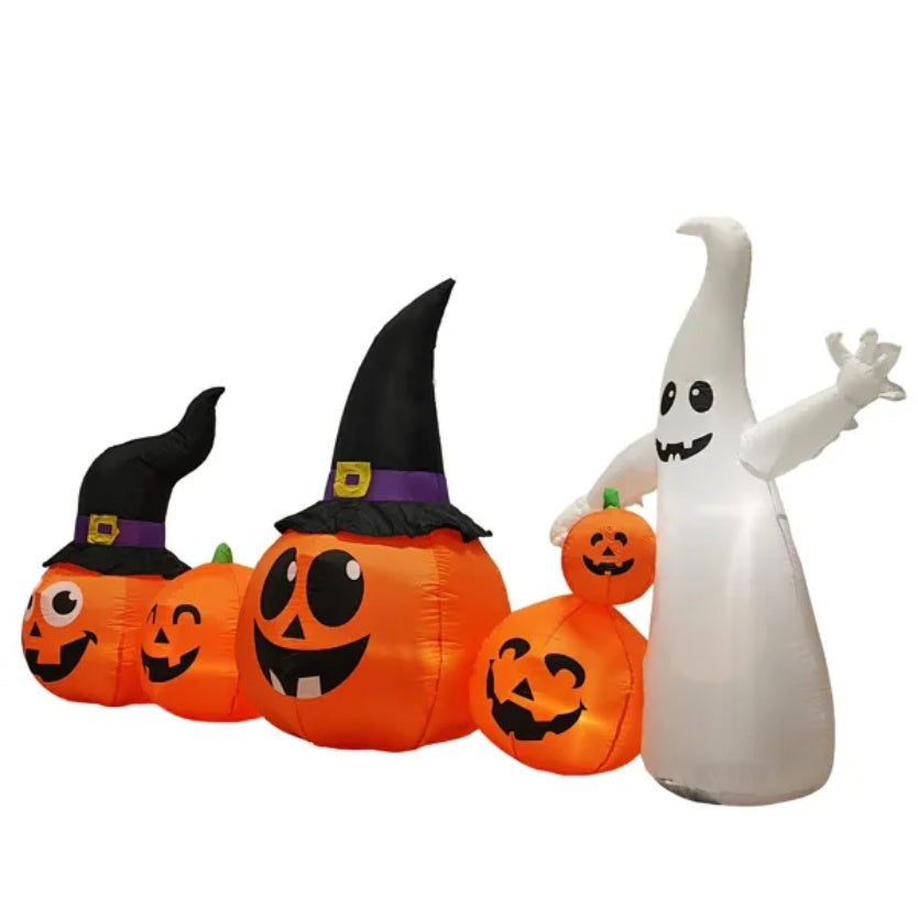8FT Long Halloween Inflatables Pumpkins Ghost Outdoor Decorations, Blow Up Yard Decoration With Built-in LEDs Lighted For Lawn Garden Outside Indoor Decor