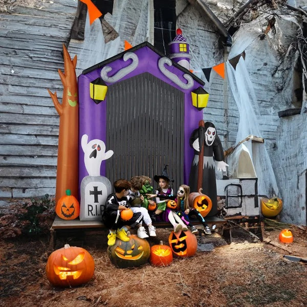 9.8 FT Halloween Inflatables Haunted House Castle Archway Outdoor Decorations, Scary Halloween Giant Grim Reaper Blow Up Ghost Decorations For Holiday Party Front Yard Lawn Garden Decor