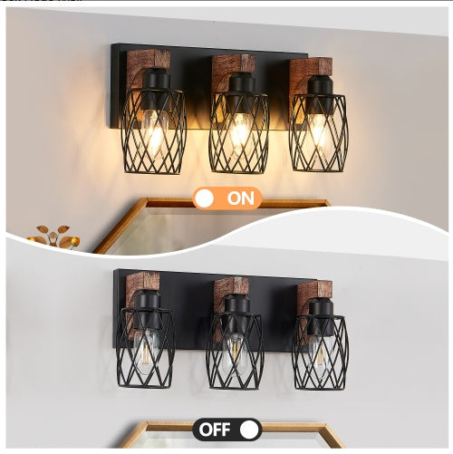 18 Industrial Vintage 3-Light Wall Sconce - Black Cage Wall Light Fixture With Wooden Accents For Bathroom, Hallway, Or Living Room, Bulb Not Included