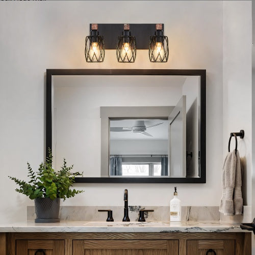 18 Industrial Vintage 3-Light Wall Sconce - Black Cage Wall Light Fixture With Wooden Accents For Bathroom, Hallway, Or Living Room, Bulb Not Included