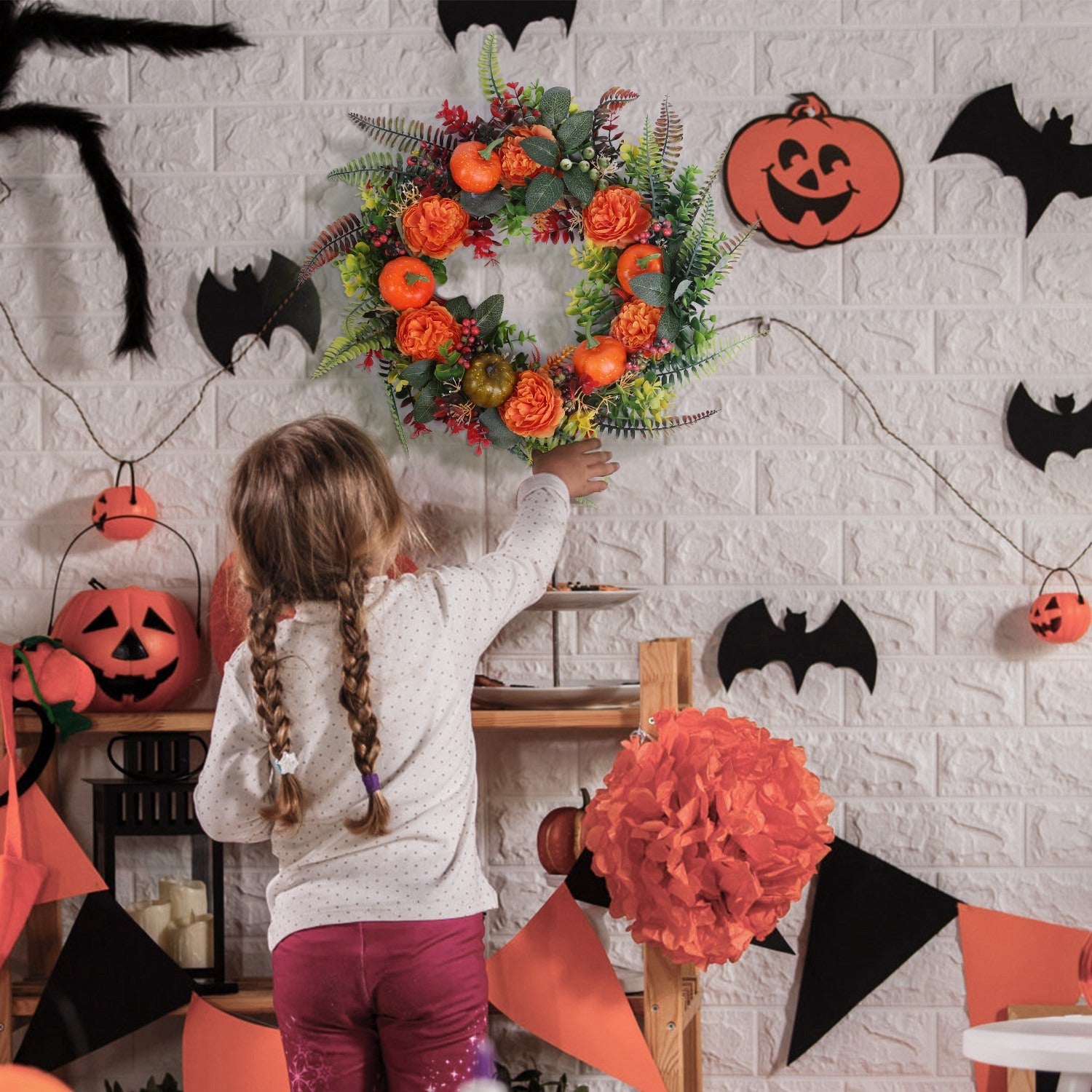 1Pc 17.71IN Autumn Wreath With Pumpkin Mixed Leaves Berries Flowers Fall Decoration For Indoor Outdoor Window Wall Front Door In Halloween Thanks Giving Day