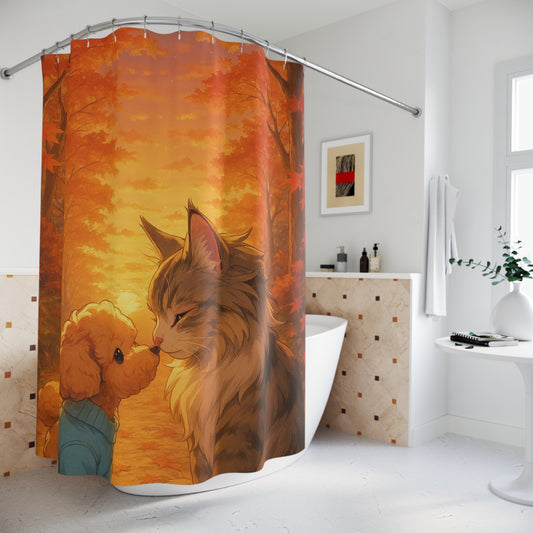 Autumn Pet Love Shower Curtain, Cozy Bathroom Decor, Cute Cat and Dog Design, Fall Theme, Pet Lovers Gift, Home Accessories