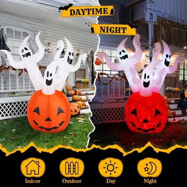 5.9 FT Halloween Inflatable Pumpkin Ghost Outdoor Decorations, Scary Blow Up Yard Decor With Built-in LED Lights For Holiday Party Yard Lawn Garden Decor Indoor Outdoor