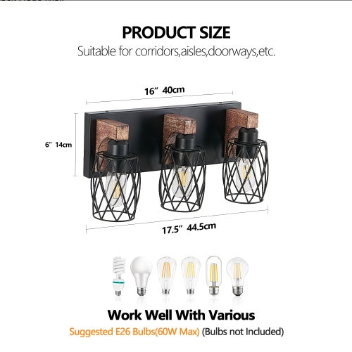 18 Industrial Vintage 3-Light Wall Sconce - Black Cage Wall Light Fixture With Wooden Accents For Bathroom, Hallway, Or Living Room, Bulb Not Included