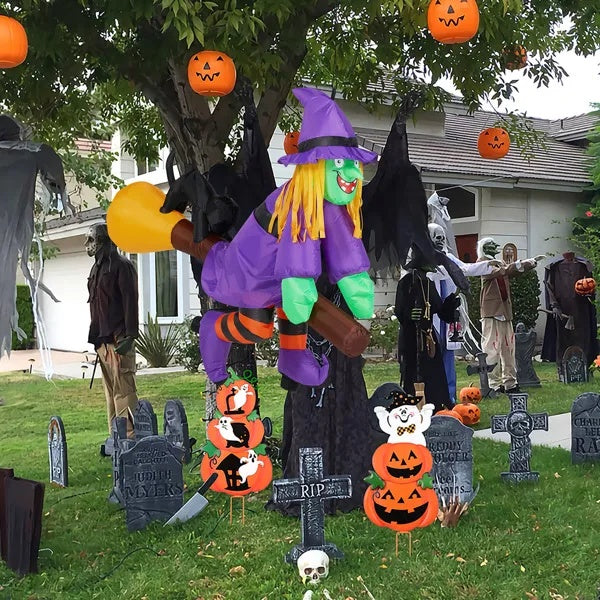3.9 FT Halloween Inflatable Witch Riding Broom Broke Out From Window Outdoor Decorations, Scary Blow Up Decor With Built-in LED Lights For Holiday Party Yard Lawn Garden Decor Indoor Outdoor