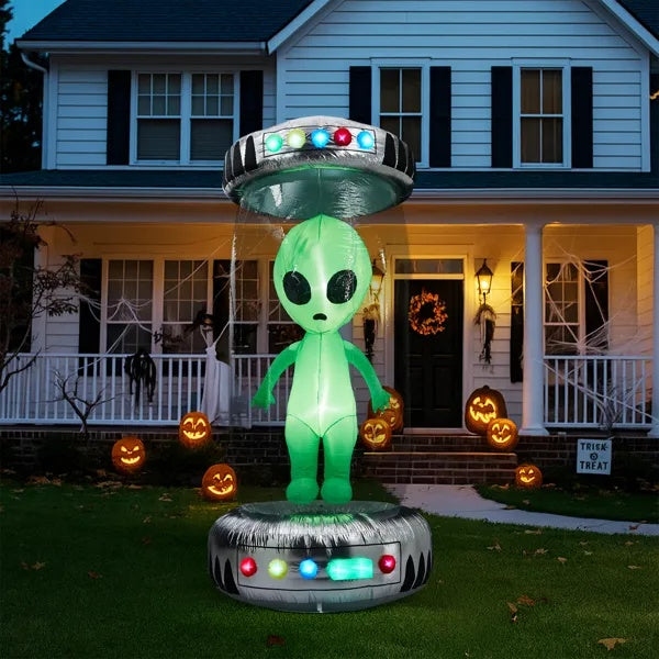 8.2FT Tall Halloween Inflatable Outdoor Decoration, Blow Up UFO With Alien Halloween Decor With Animated RGB LEDs, Prelit Blow Up Yard Decor For Halloween Holiday Party Outdoor Garden Yard Lawn Decor