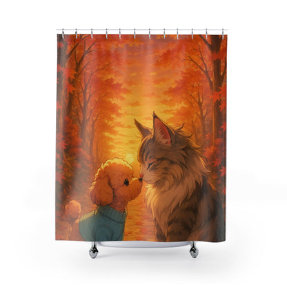 Autumn Pet Love Shower Curtain, Cozy Bathroom Decor, Cute Cat and Dog Design, Fall Theme, Pet Lovers Gift, Home Accessories