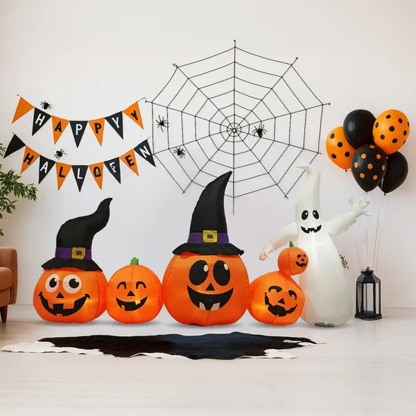 8FT Long Halloween Inflatables Pumpkins Ghost Outdoor Decorations, Blow Up Yard Decoration With Built-in LEDs Lighted For Lawn Garden Outside Indoor Decor