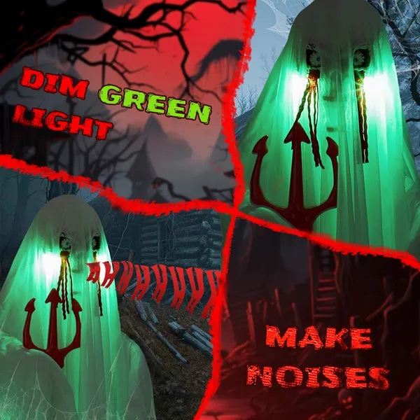 4.3ft Halloween Decorations Outdoor Life Size Animatronics Ghost With Trident, Sound-Actived Party Decor With Green Lights And Creepy Sound, Scary Haunted House Props For Garden Yard Lawn