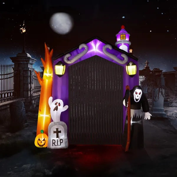 9.8 FT Halloween Inflatables Haunted House Castle Archway Outdoor Decorations, Scary Halloween Giant Grim Reaper Blow Up Ghost Decorations For Holiday Party Front Yard Lawn Garden Decor
