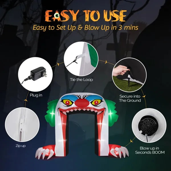 8.9 FT Halloween Inflatables Clown Archway Outdoor Decorations, Scary Halloween Giant Clown Blow Up Decorations With Built-in LED Lights For Holiday Party Front Yard Lawn Garden Decor