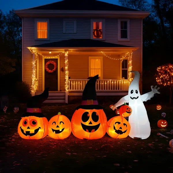 8FT Long Halloween Inflatables Pumpkins Ghost Outdoor Decorations, Blow Up Yard Decoration With Built-in LEDs Lighted For Lawn Garden Outside Indoor Decor