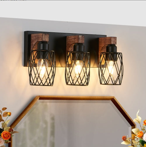 18 Industrial Vintage 3-Light Wall Sconce - Black Cage Wall Light Fixture With Wooden Accents For Bathroom, Hallway, Or Living Room, Bulb Not Included