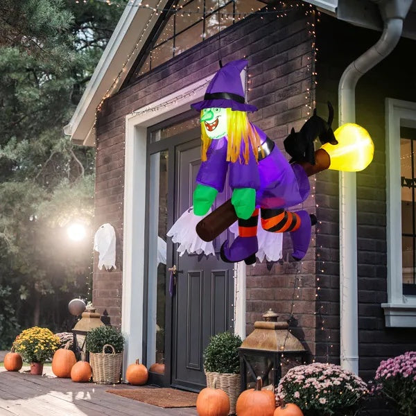 3.9 FT Halloween Inflatable Witch Riding Broom Broke Out From Window Outdoor Decorations, Scary Blow Up Decor With Built-in LED Lights For Holiday Party Yard Lawn Garden Decor Indoor Outdoor