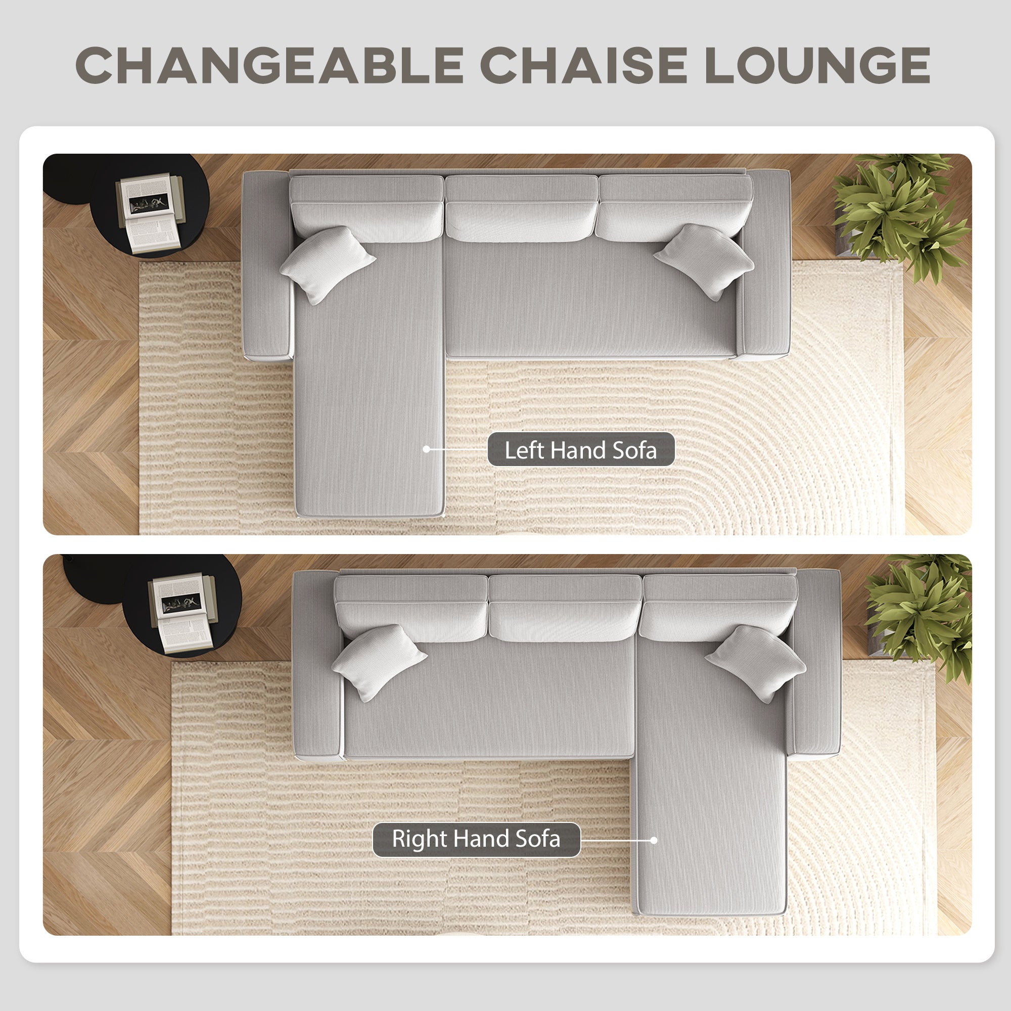 Corner Sofa With Reversible Chaise Lounge, Corduroy L-Shaped Sectional Sofa With Pocket Spring, Light Gray
