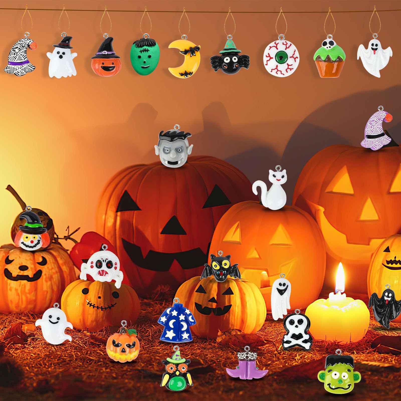 36PCS Mini Resin Halloween Ornaments - Tiny Hanging Decorations For Tree, Miniatures Figurines Charms With String, Resin Pendants For Party Decor, Small-Cannot Be Listed On Amazon Platform