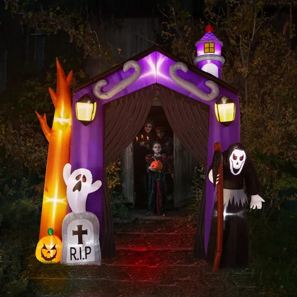 9.8 FT Halloween Inflatables Haunted House Castle Archway Outdoor Decorations, Scary Halloween Giant Grim Reaper Blow Up Ghost Decorations For Holiday Party Front Yard Lawn Garden Decor