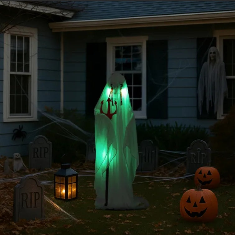 4.3ft Halloween Decorations Outdoor Life Size Animatronics Ghost With Trident, Sound-Actived Party Decor With Green Lights And Creepy Sound, Scary Haunted House Props For Garden Yard Lawn