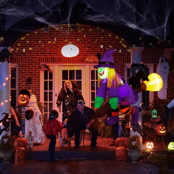 3.9 FT Halloween Inflatable Witch Riding Broom Broke Out From Window Outdoor Decorations, Scary Blow Up Decor With Built-in LED Lights For Holiday Party Yard Lawn Garden Decor Indoor Outdoor