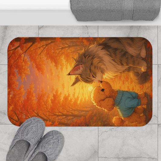 Fall Forest Friends Bath Mat, Cute Cat and Bear Design, Autumn Decor, Pet Lover Gift, Cozy Home Accessory