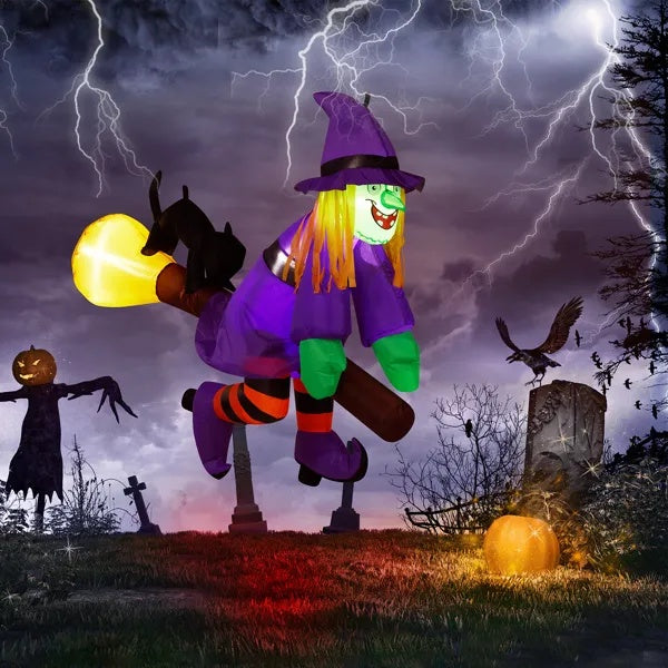 3.9 FT Halloween Inflatable Witch Riding Broom Broke Out From Window Outdoor Decorations, Scary Blow Up Decor With Built-in LED Lights For Holiday Party Yard Lawn Garden Decor Indoor Outdoor