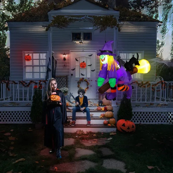 3.9 FT Halloween Inflatable Witch Riding Broom Broke Out From Window Outdoor Decorations, Scary Blow Up Decor With Built-in LED Lights For Holiday Party Yard Lawn Garden Decor Indoor Outdoor