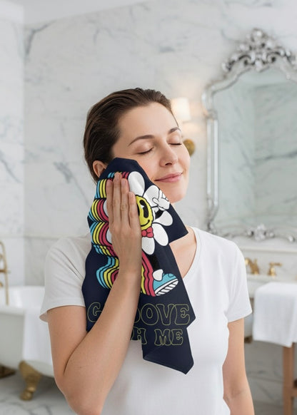 Groovy Flower Hand Towel | Retro Kitchen Decor, Fun Gift, Home & Bath Accessory, Vibrant Design for Music Lovers