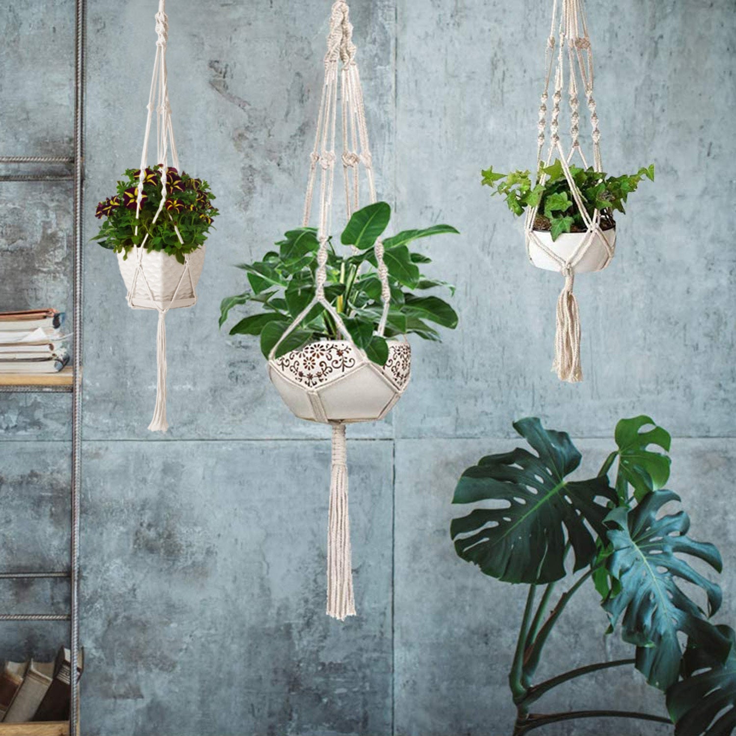 2Pcs Plant Hanger Flowerpot Net Bag 40in Cotton Rope Plant Hangers 4Legs Plant Hanger Fit For Round Or Square Plant Pot