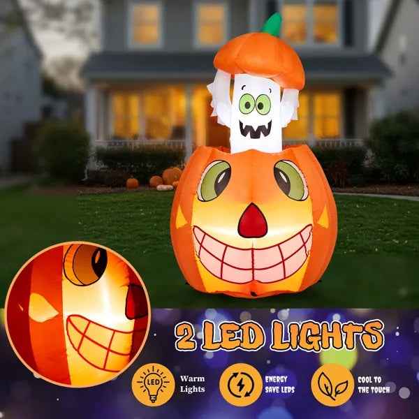 2.8 FT Halloween Inflatables Animated Pumpkin Ghost, Outdoor Decorations Blow Up Yard Decor With Built-in LEDs For Indoor Party Garden Lawn Decor