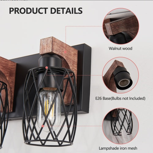 18 Industrial Vintage 3-Light Wall Sconce - Black Cage Wall Light Fixture With Wooden Accents For Bathroom, Hallway, Or Living Room, Bulb Not Included
