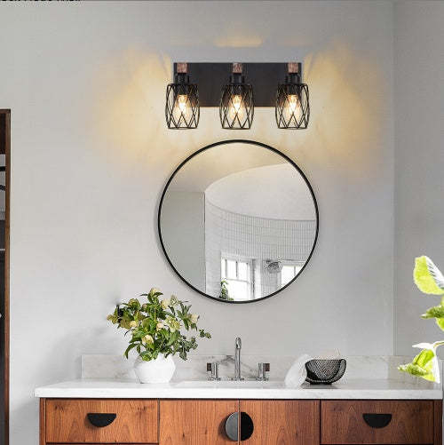 18 Industrial Vintage 3-Light Wall Sconce - Black Cage Wall Light Fixture With Wooden Accents For Bathroom, Hallway, Or Living Room, Bulb Not Included