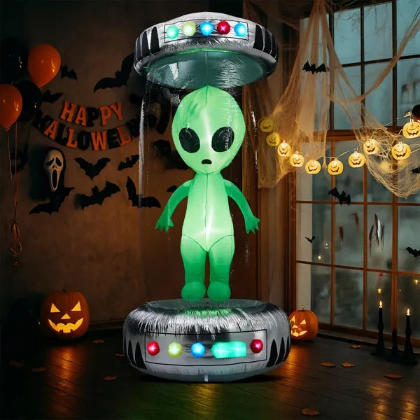 8.2FT Tall Halloween Inflatable Outdoor Decoration, Blow Up UFO With Alien Halloween Decor With Animated RGB LEDs, Prelit Blow Up Yard Decor For Halloween Holiday Party Outdoor Garden Yard Lawn Decor