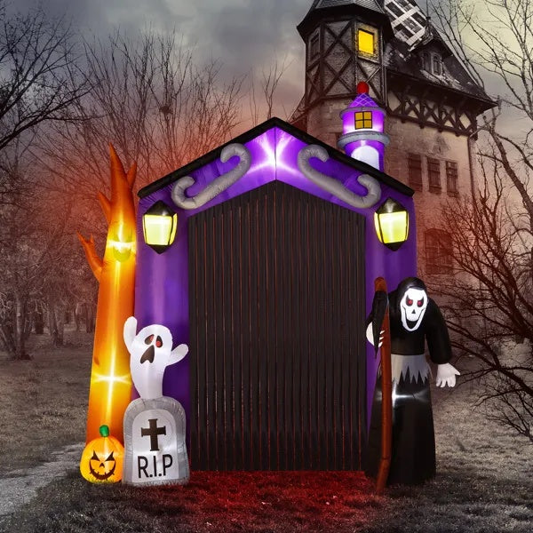 9.8 FT Halloween Inflatables Haunted House Castle Archway Outdoor Decorations, Scary Halloween Giant Grim Reaper Blow Up Ghost Decorations For Holiday Party Front Yard Lawn Garden Decor