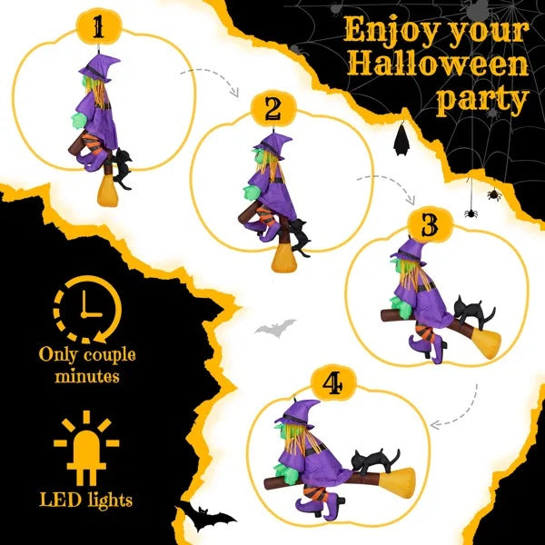 3.9 FT Halloween Inflatable Witch Riding Broom Broke Out From Window Outdoor Decorations, Scary Blow Up Decor With Built-in LED Lights For Holiday Party Yard Lawn Garden Decor Indoor Outdoor